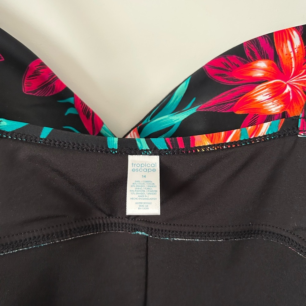 Tropical Escape Black One-Piece Swimsuit with Pink, Red and Yellow Floral Print - Picture 6 of 11